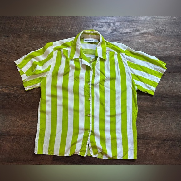 PIERRE CARDIN 80s rayon lime green white striped vacation button down shirt sz 8 - Picture 10 of 13